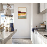 Framed abstract landscape canvas with horizontal bands of burgundy, pink, gold, and teal, hanging on a bright white wall in a modern kitchen space.