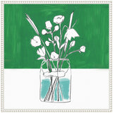 Minimalist black line drawing of flowers in a clear vase with blue water against a bright green rectangular background and white space below, framed in white.