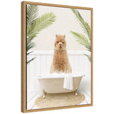 Framed canvas art of a white alpaca surrounded by palm leaves resting its head on a bathtub edge