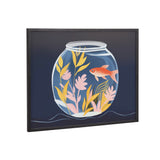 Illustration of an orange goldfish swimming inside a round fishbowl filled with pink and yellow aquatic plants against a dark blue background in a black frame.