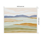 Abstract layered hillscape in soft pastel tones of blue, beige, rust, and green with a calm sky above, sized 42 by 32 inches with a stitched white border.