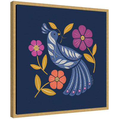 Sylvie Boho Folk Art Bird Blue and Gold Framed Canvas by Carey Copeland showing detailed bird illustration with blue and gold frame