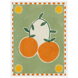 Stylized painting of two bright orange fruits with green leaves on a soft green background, framed by an orange and white checkered border with four yellow sun motifs.