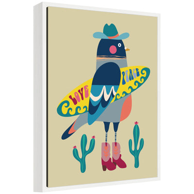Sylvie Surfer Pigeon framed canvas art showing a pigeon figure with a surfboard in stylized colors framed in a white modern frame