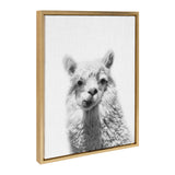 Black and white close-up portrait of a fluffy alpaca with upright ears, displayed in a light wooden frame with a white background.