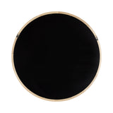 Round wall mirror with a pale wood frame viewed from the back, showing metal hanging brackets and an unadorned black reflective surface.