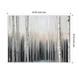 Framed canvas painting of a birch tree forest with white trunks and black markings fading into a soft gray and pastel background, measuring 42 by 32 inches.