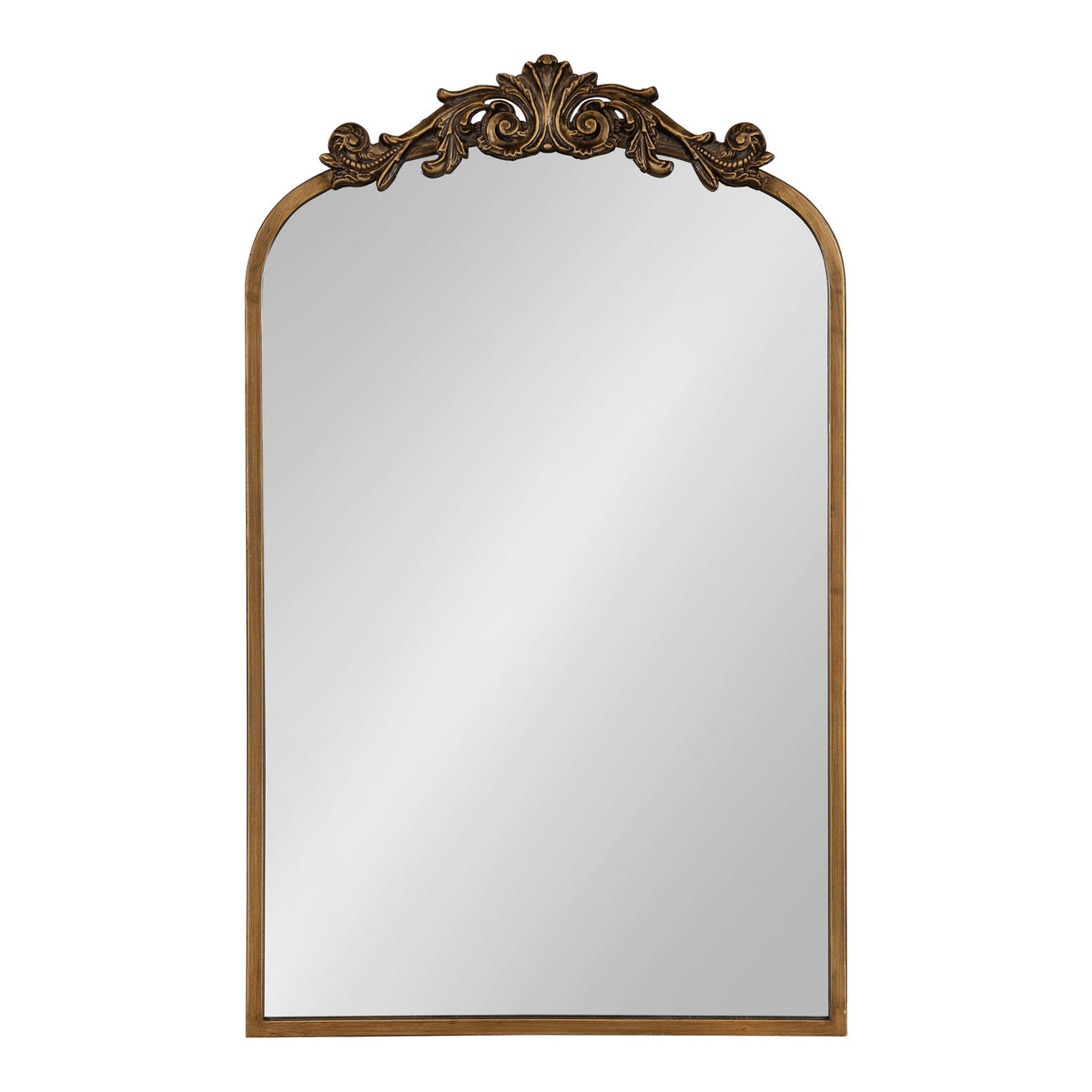 Rectangular wall mirror with an arched top and a carved decorative bronze-toned crest featuring scroll and shell motifs