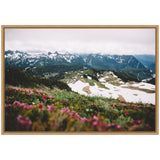 Framed landscape canvas showing snow-dusted mountain peaks above green meadows sprinkled with pink and red wildflowers under a cloudy sky.