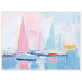 Abstract harbor scene with sailboats featuring large pink and light blue sails against a soft pastel sky reflected in calm water, framed in white.