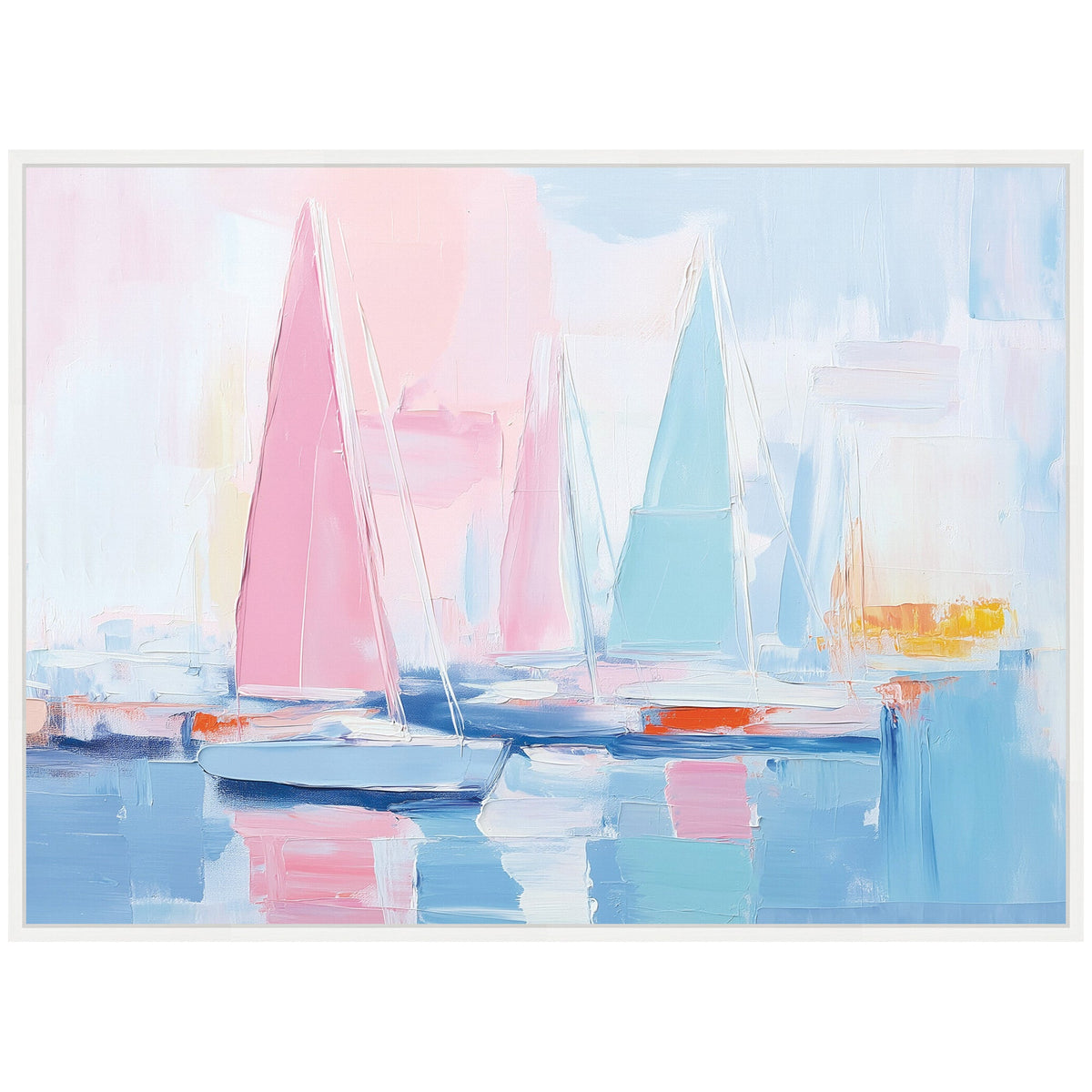 Abstract harbor scene with sailboats featuring large pink and light blue sails against a soft pastel sky reflected in calm water, framed in white.