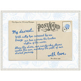 Vintage-style postcard with blue handwritten love note over seashell-patterned white background, featuring a postage stamp with a blue shell and postmark.