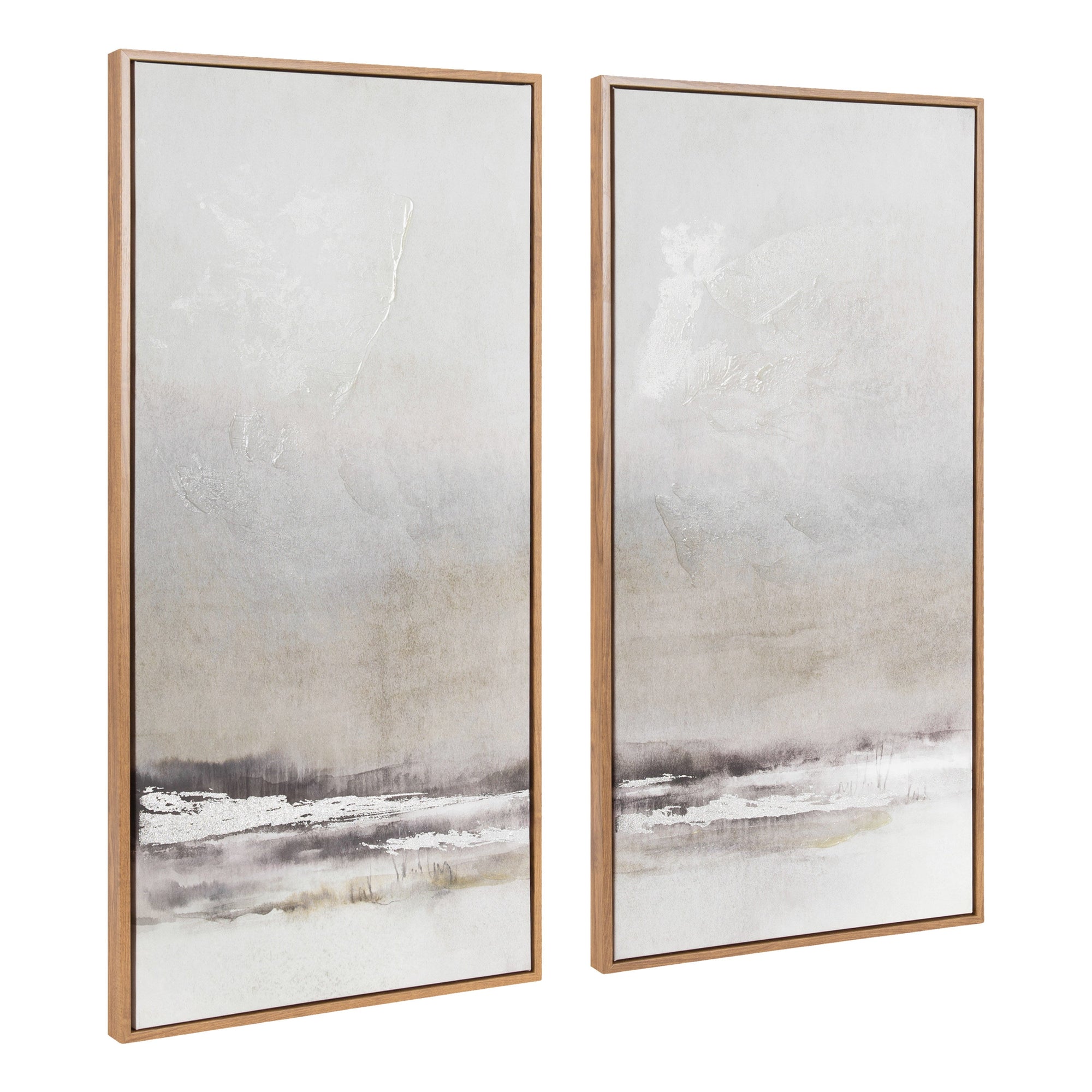 Mystic Framed Canvas Art Set showing two abstract landscape canvases with metallic brushed textures in polystyrene gallery frames