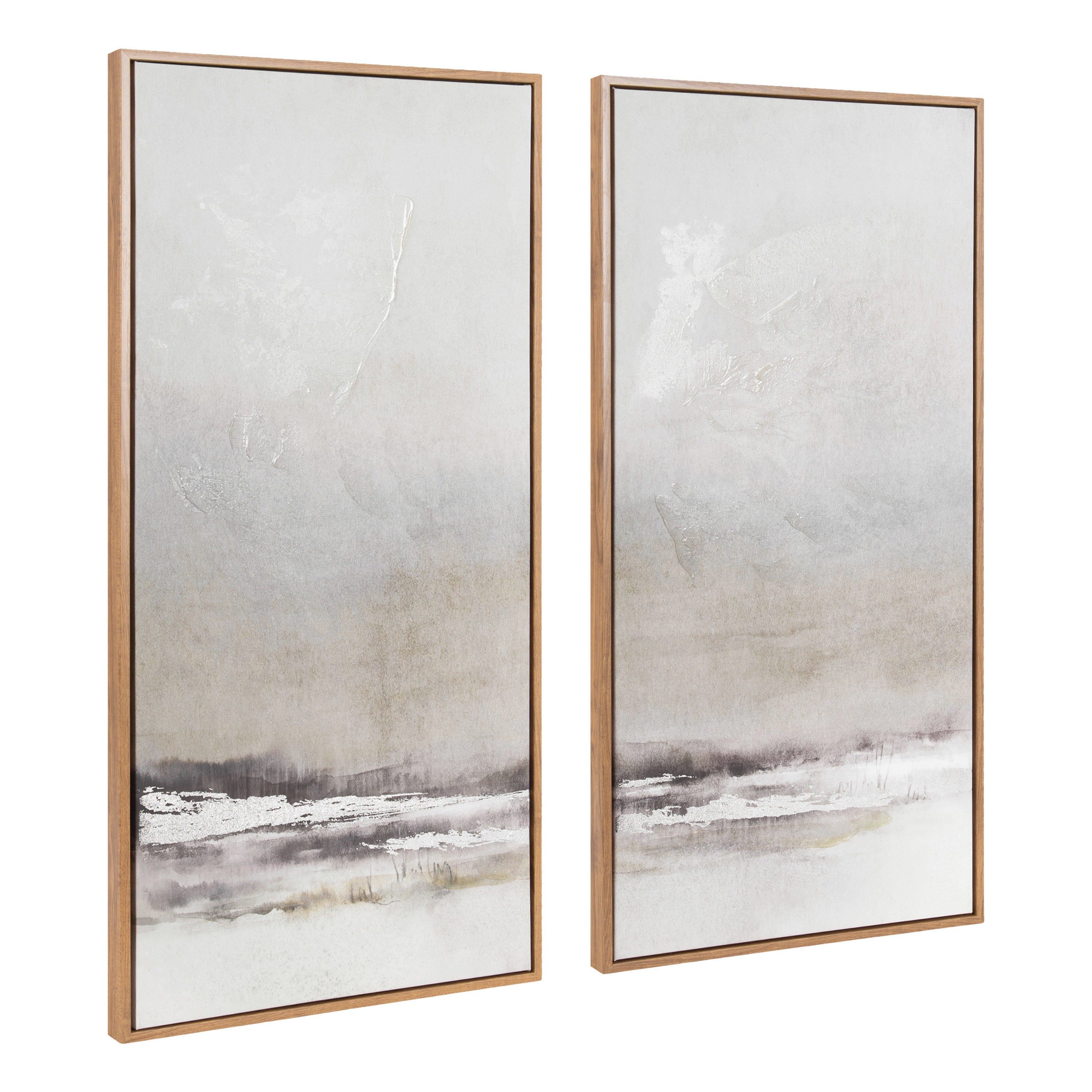 Mystic Framed Canvas Art Set showing two abstract landscape canvases with metallic brushed textures in polystyrene gallery frames
