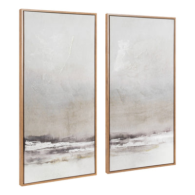 Mystic Framed Canvas Art Set showing two abstract landscape canvases with metallic brushed textures in polystyrene gallery frames