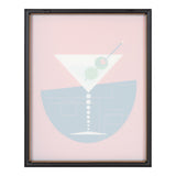 Minimalist framed art of a white martini glass with two green olives on a toothpick, set against a pale pink background with a semicircle of light blue below.