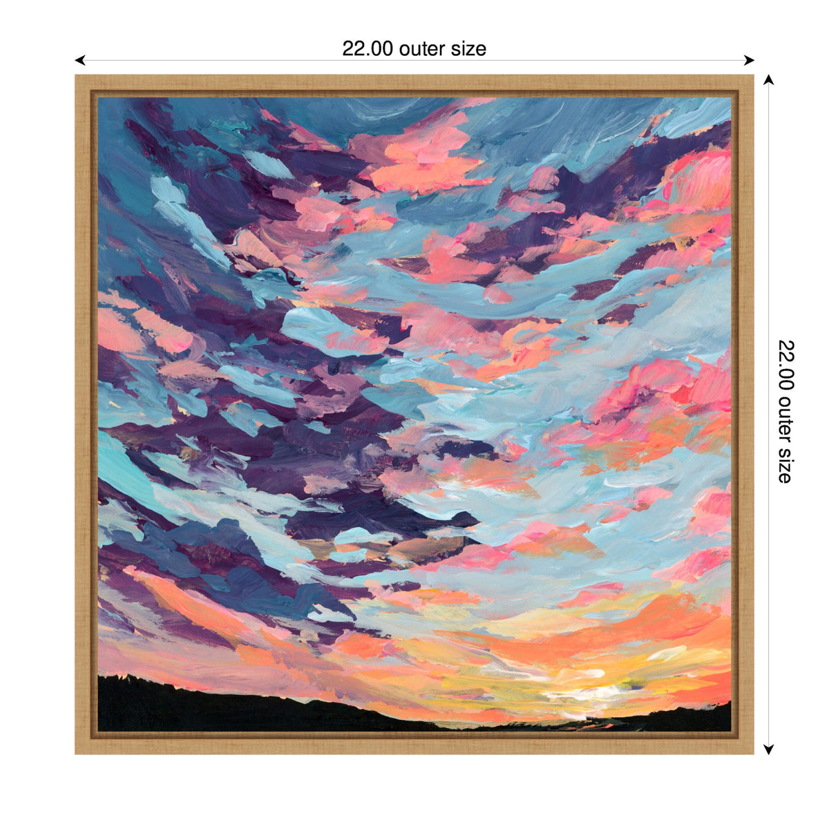 Square framed canvas painting depicting a vibrant sunset sky with thick, swirling brushstrokes in pink, purple, blue, and orange above a dark silhouetted horizon.