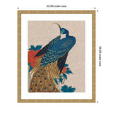 Traditional art print of a stylized blue peacock with intricate feather details surrounded by red peonies and green leaves on a neutral linen background, framed in gold.