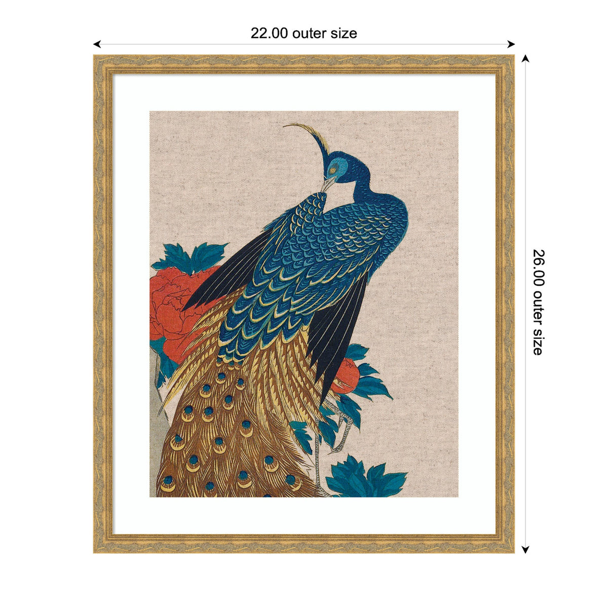 Traditional art print of a stylized blue peacock with intricate feather details surrounded by red peonies and green leaves on a neutral linen background, framed in gold.