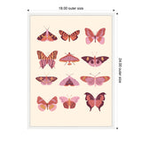 Twelve stylized butterflies in shades of pink, orange, and purple arranged in a 4x3 grid on a beige background with white border.