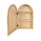 Open light wood wall cabinet with an arched top, featuring two shelves inside and a door with woven rattan paneling and metal hinges.