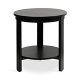 Black round side table with a simple design featuring a flat top and a lower circular shelf supported by three straight legs.