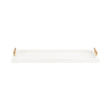 Rectangular white decorative tray with raised edges and two wooden handles on opposite ends, shown against a white background.