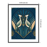 Art Deco style illustration of two stylized herons facing each other on a dark blue background with geometric and radiating patterns in beige, gold, and teal.