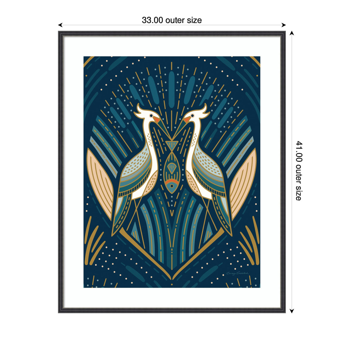 Art Deco style illustration of two stylized herons facing each other on a dark blue background with geometric and radiating patterns in beige, gold, and teal.