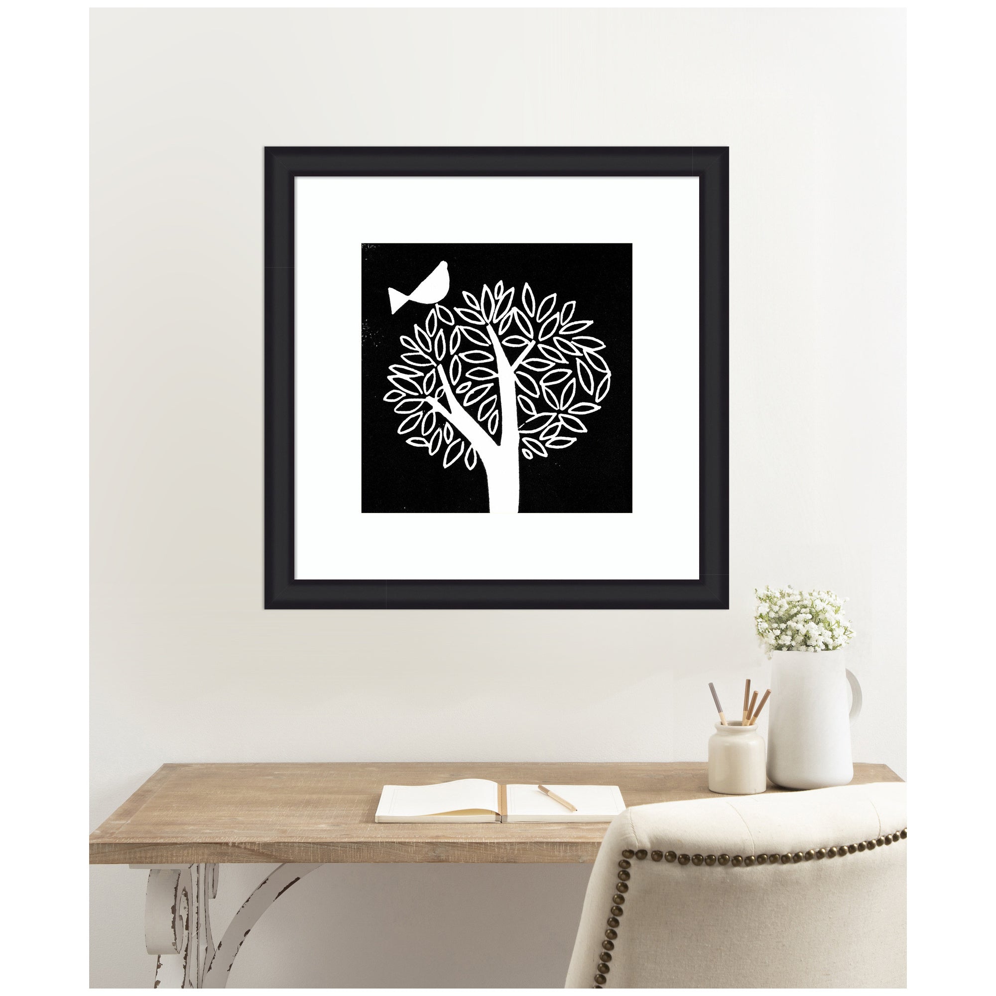 Framed Art Black and White Bird Tree Linocut by Giuliana Lazzerini