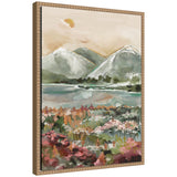 Watercolor landscape painting of snow-capped mountains with green hills, reflective lake, and wildflowers in pink, orange, and white tones under a beige sky with sun.