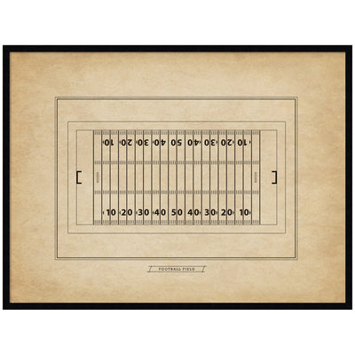 Vintage Sports Football Field Diagram Horizontal framed wall art print in svelte noir black moulding