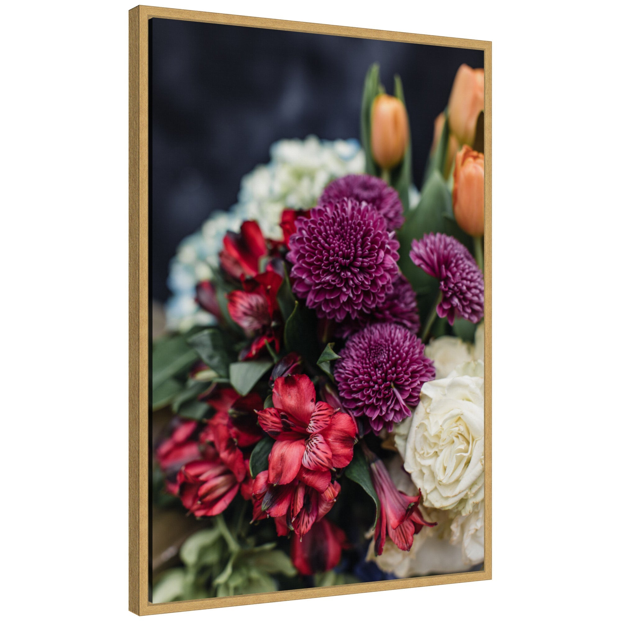 Sylvie Wine Bouquet framed canvas art showing floral bouquet in shades of burgundy, pink, and cream with green foliage, modern polystyrene frame