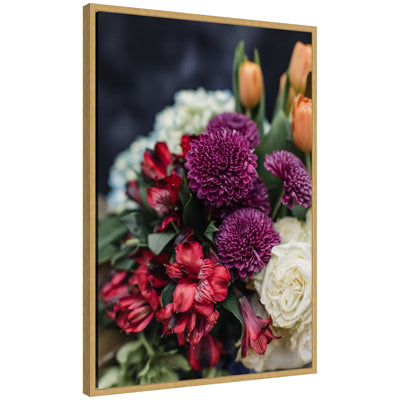 Sylvie Wine Bouquet framed canvas art showing floral bouquet in shades of burgundy, pink, and cream with green foliage, modern polystyrene frame