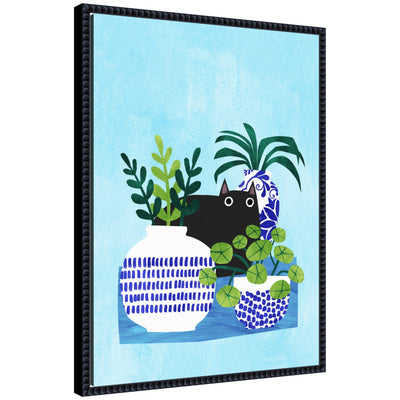 Blue Pots by Planet Cat framed canvas wall art featuring pots in blue tones in black Sylvie Beaded frame