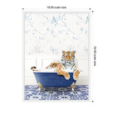 Tiger lounging inside a royal blue clawfoot bathtub on blue and white patterned tile, set against cream wallpaper with light blue floral vine design.