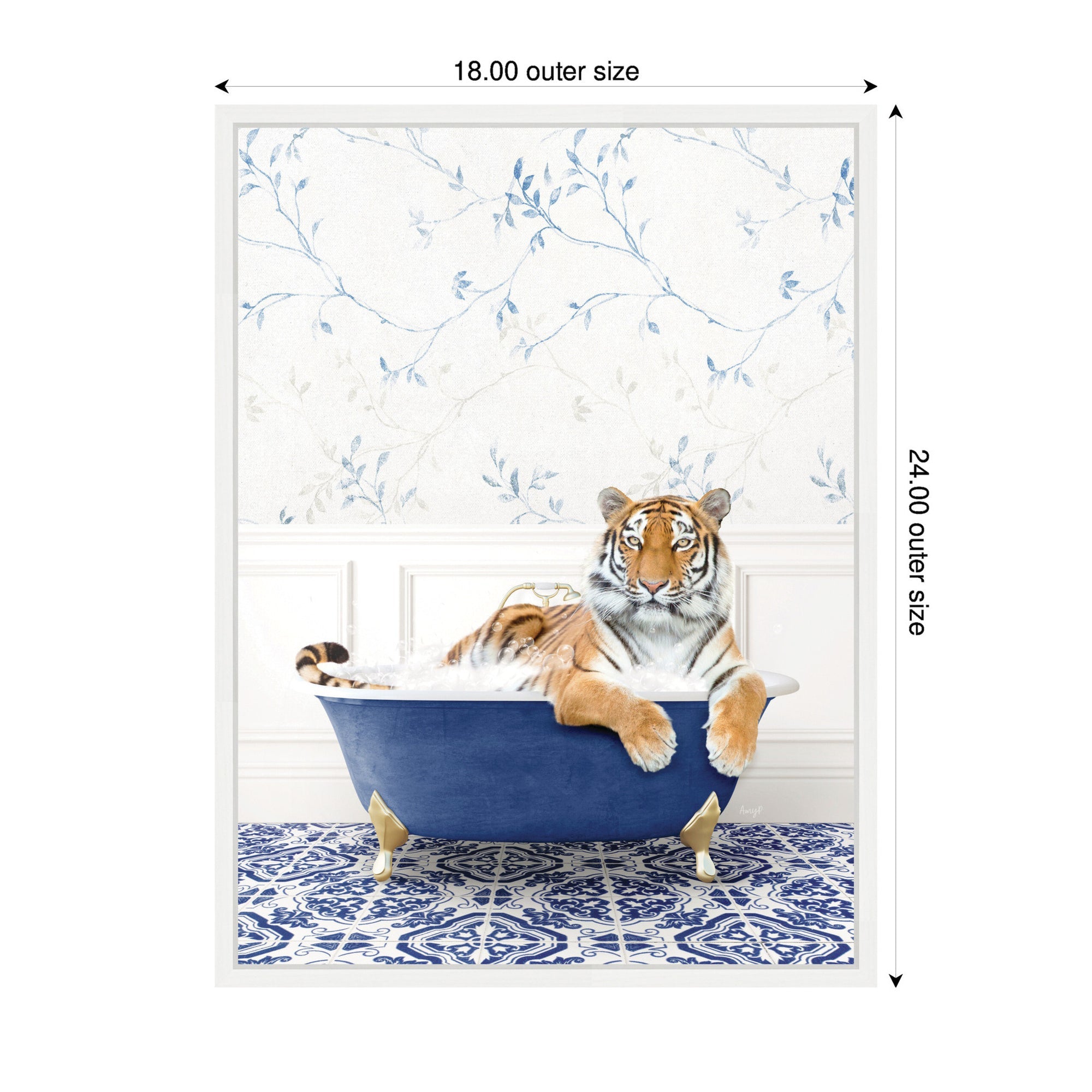 Sylvie Tiger in Eclectic Blue Bathtub Framed Canvas by Amy Peterson