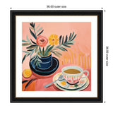 Framed painting of a blue vase with pink and yellow flowers beside a patterned teacup filled with coffee on a matching saucer, set against a peach background.