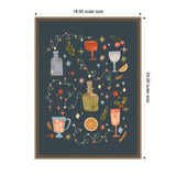 Framed canvas featuring colorful illustrations of five holiday cocktails with garnishes, surrounded by festive string lights and decorative stars on a dark blue background.