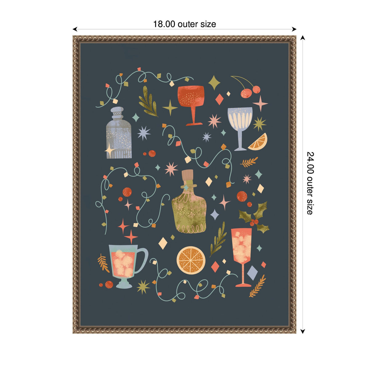 Framed canvas featuring colorful illustrations of five holiday cocktails with garnishes, surrounded by festive string lights and decorative stars on a dark blue background.