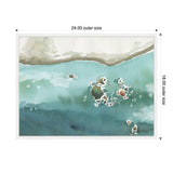 Watercolor painting depicts a light teal and blue sea with scattered rocks near a beige sandy shoreline, framed with measurements shown on all sides.
