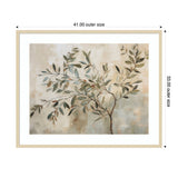 Framed abstract painting of an olive tree branch with muted green leaves set against a textured beige and light gray background, measuring 41 by 33 inches.