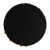 Round black-backed wall mirror with a decorative metal floral frame partially visible around the edges in gold tone