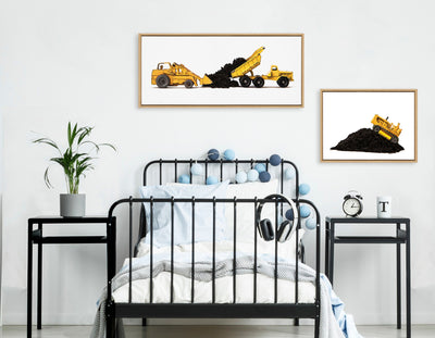 Sylvie Vintage Toy Construction Vehicles Yellow Framed Canvas by Saint and Sailor Studios