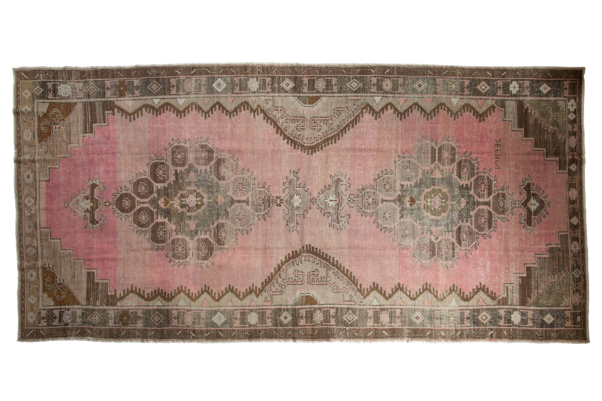 Vintage Distressed Kars Carpet Runner sized 7'6" x 15'5" laid out with soft scalloped medallions in blush and silver tones