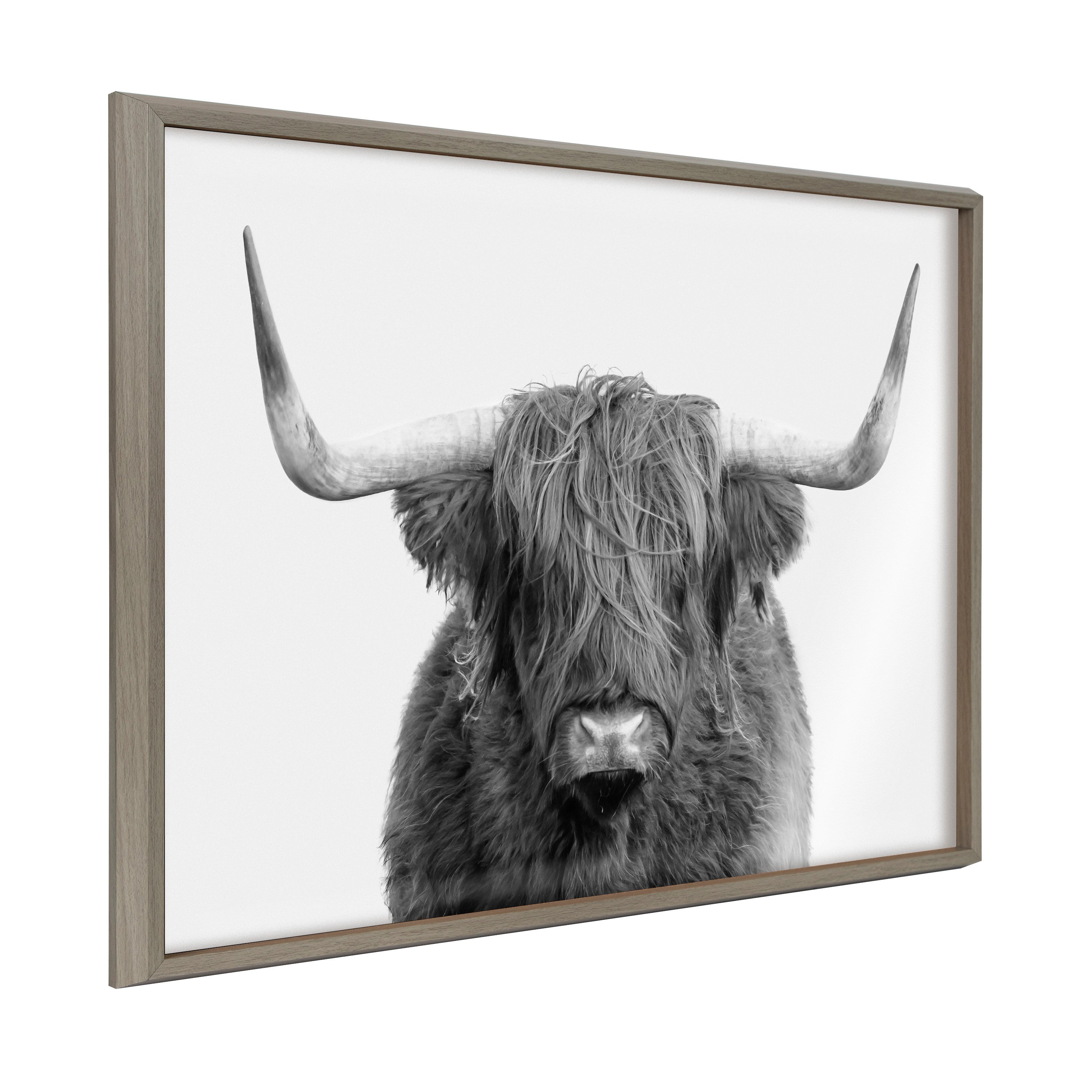Framed printed art featuring a portrait of a Highland cow with a rustic, natural background