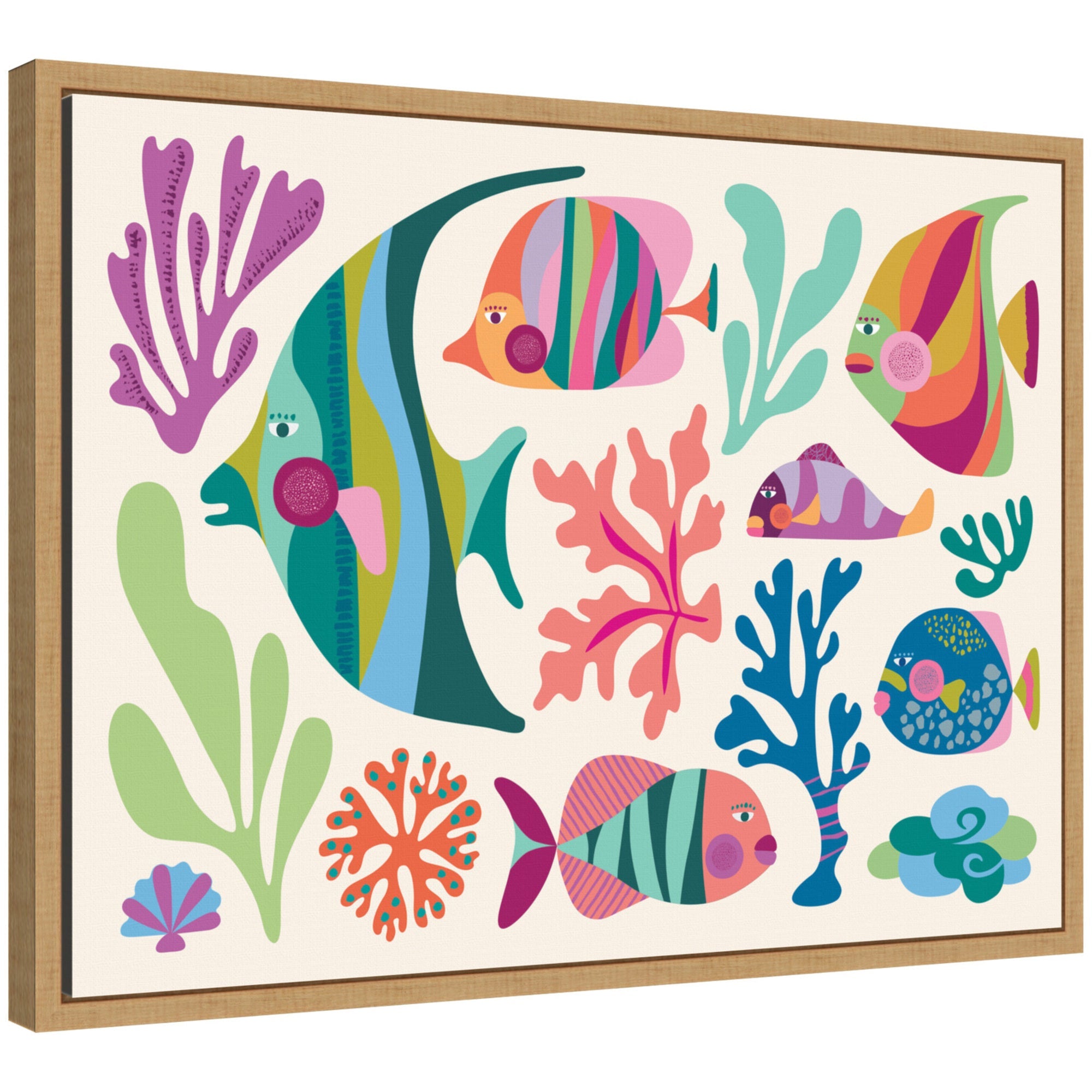 Sylvie Fun Colorful Tropical Fish Framed Canvas Art by Rachel Lee showing vibrant abstract fish in a modern frame.