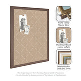 Beige pinboard with a subtle white lattice pattern in a dark wooden frame, shown with pinned black-and-white photos and inset details of frame options and surface texture.