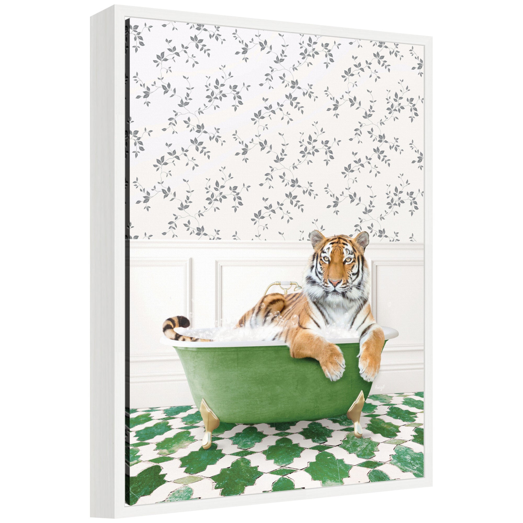 Sylvie Tiger in Eclectic Green Bathtub Framed Canvas