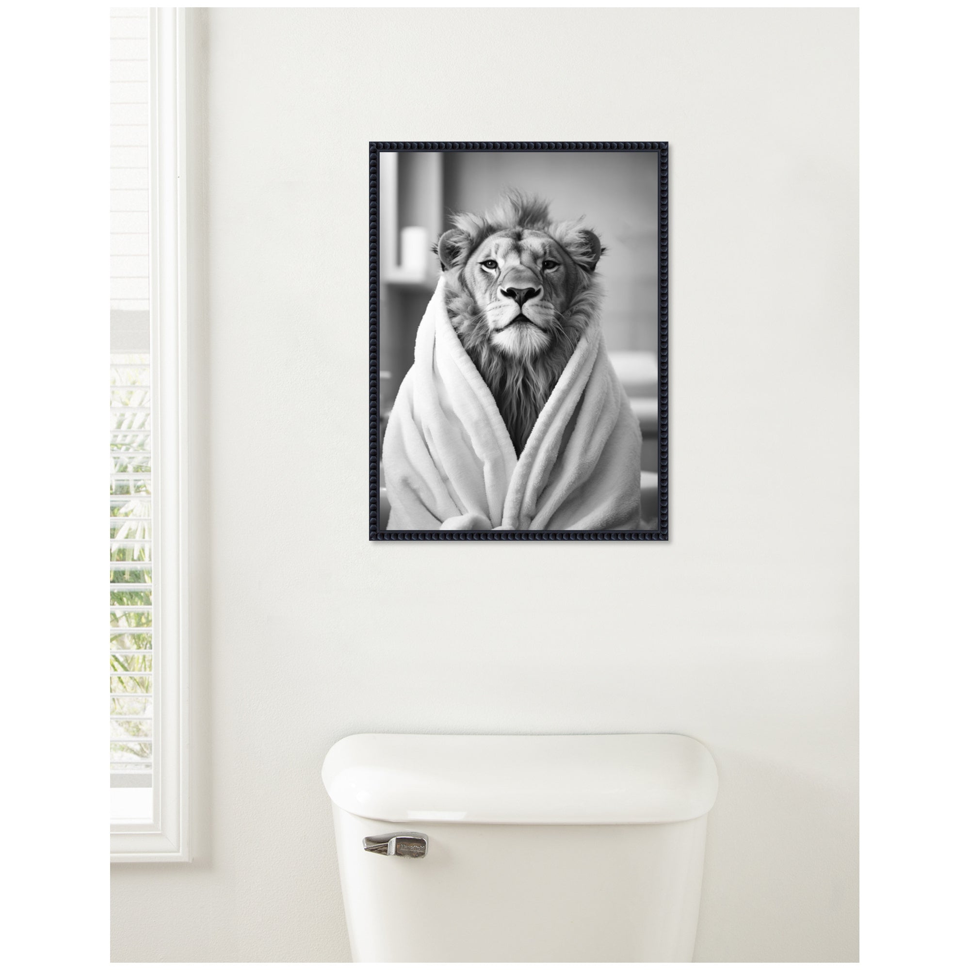 Sylvie Lion Bathroom Art Towel Robe Black and White Framed Canvas